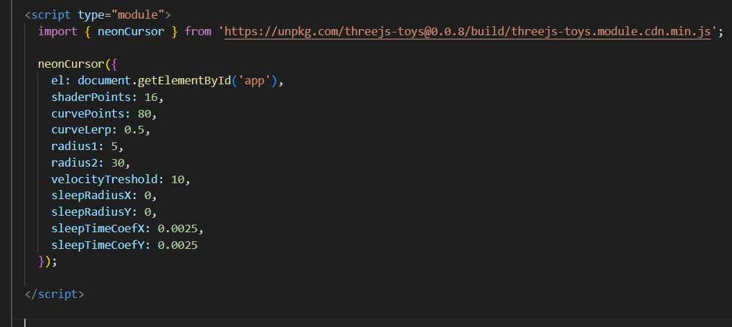 JavaScript neon cursor configuration